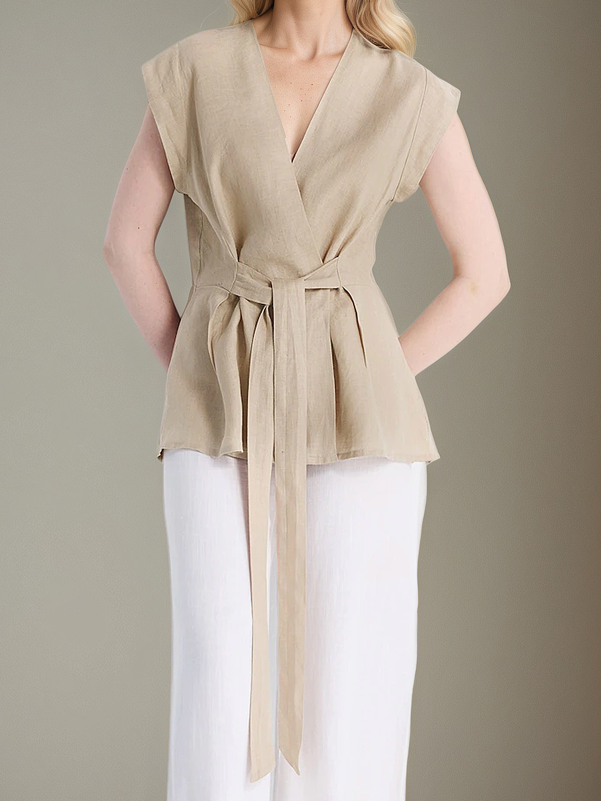 Linen V Neck Plain Cap Sleeve Blouse Linen V Neck Plain Cap Sleeve Blouse