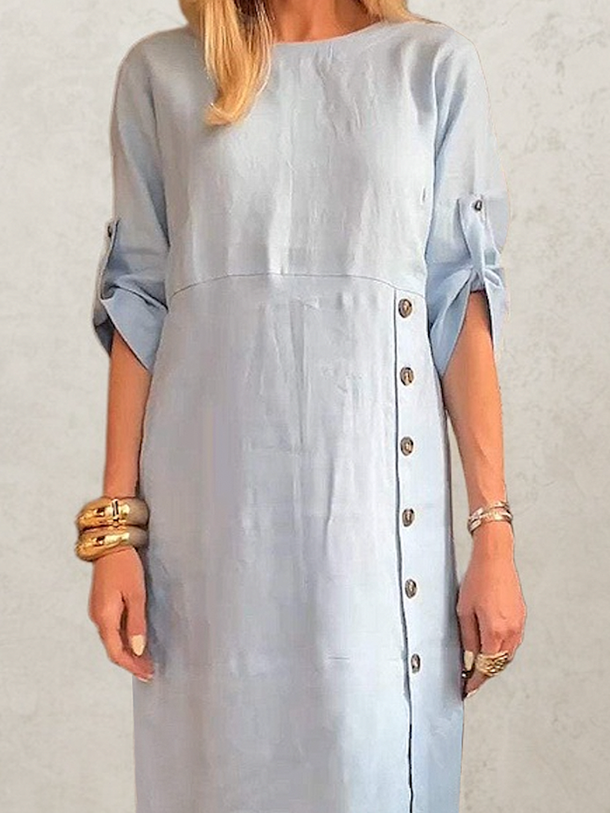 Linen Crew Neck Plain Short Sleeve Midi Dress Linen Crew Neck Plain Short Sleeve Midi Dress