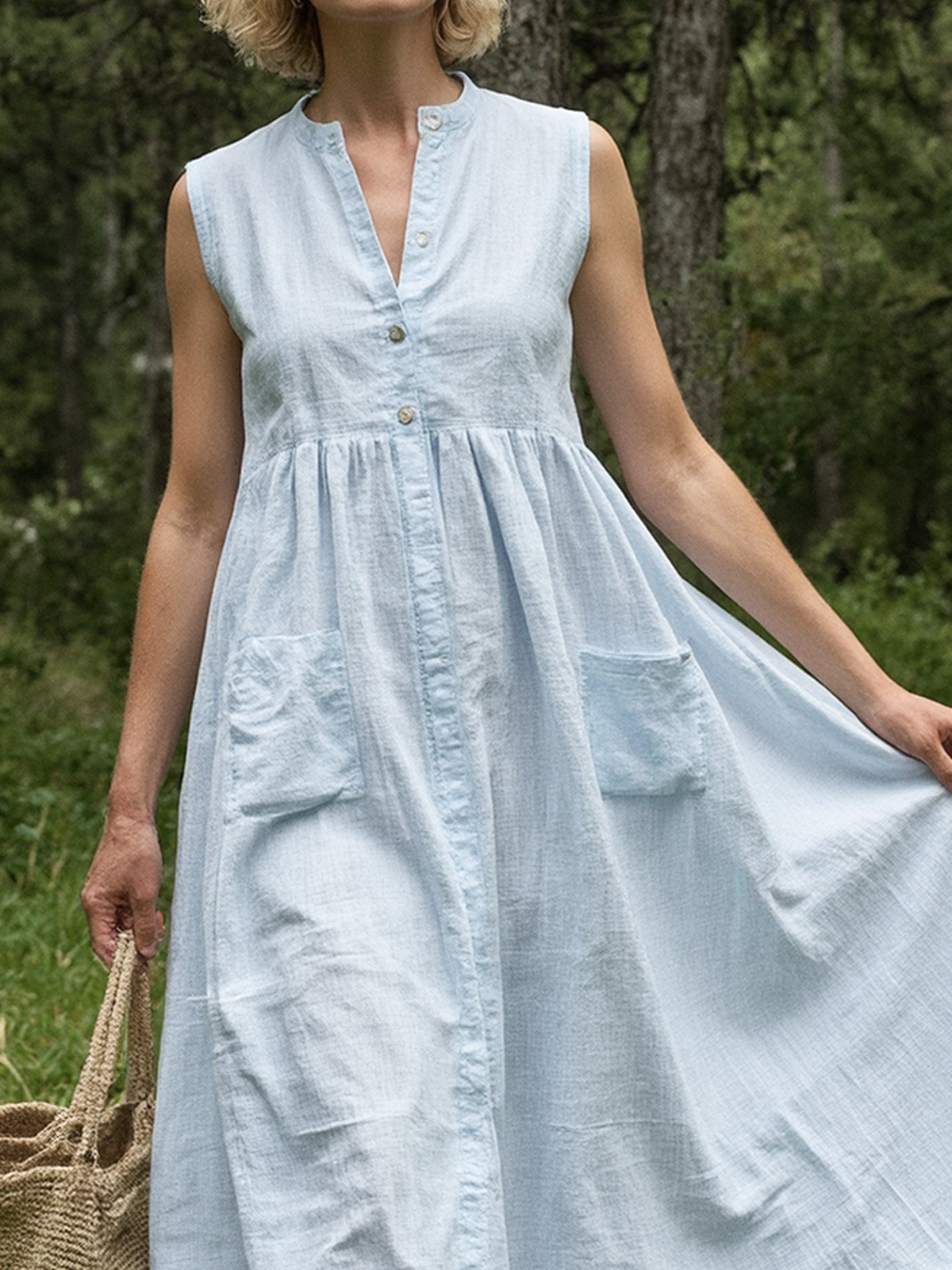 Linen Stand Collar Plain Sleeveless Midi Dress Linen Stand Collar Plain Sleeveless Midi Dress