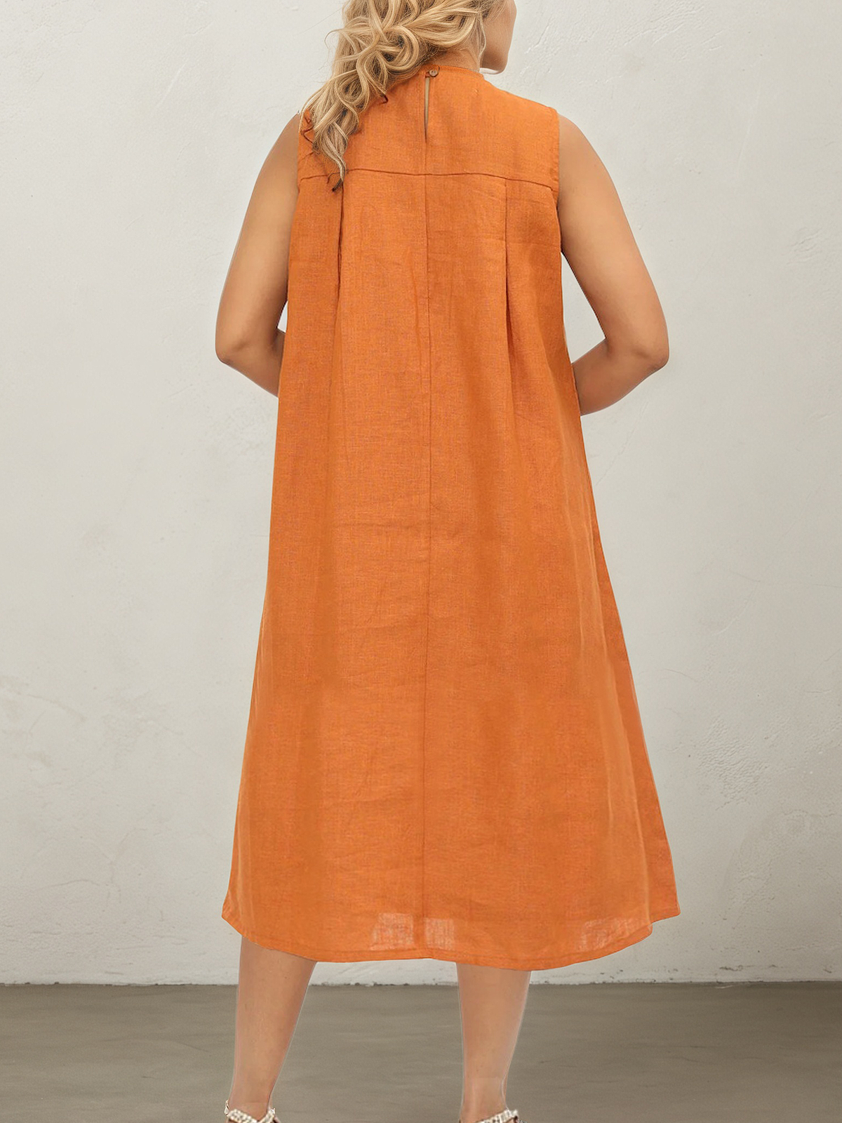 Linen Crew Neck Plain Sleeveless Midi Dress Linen Crew Neck Plain Sleeveless Midi Dress
