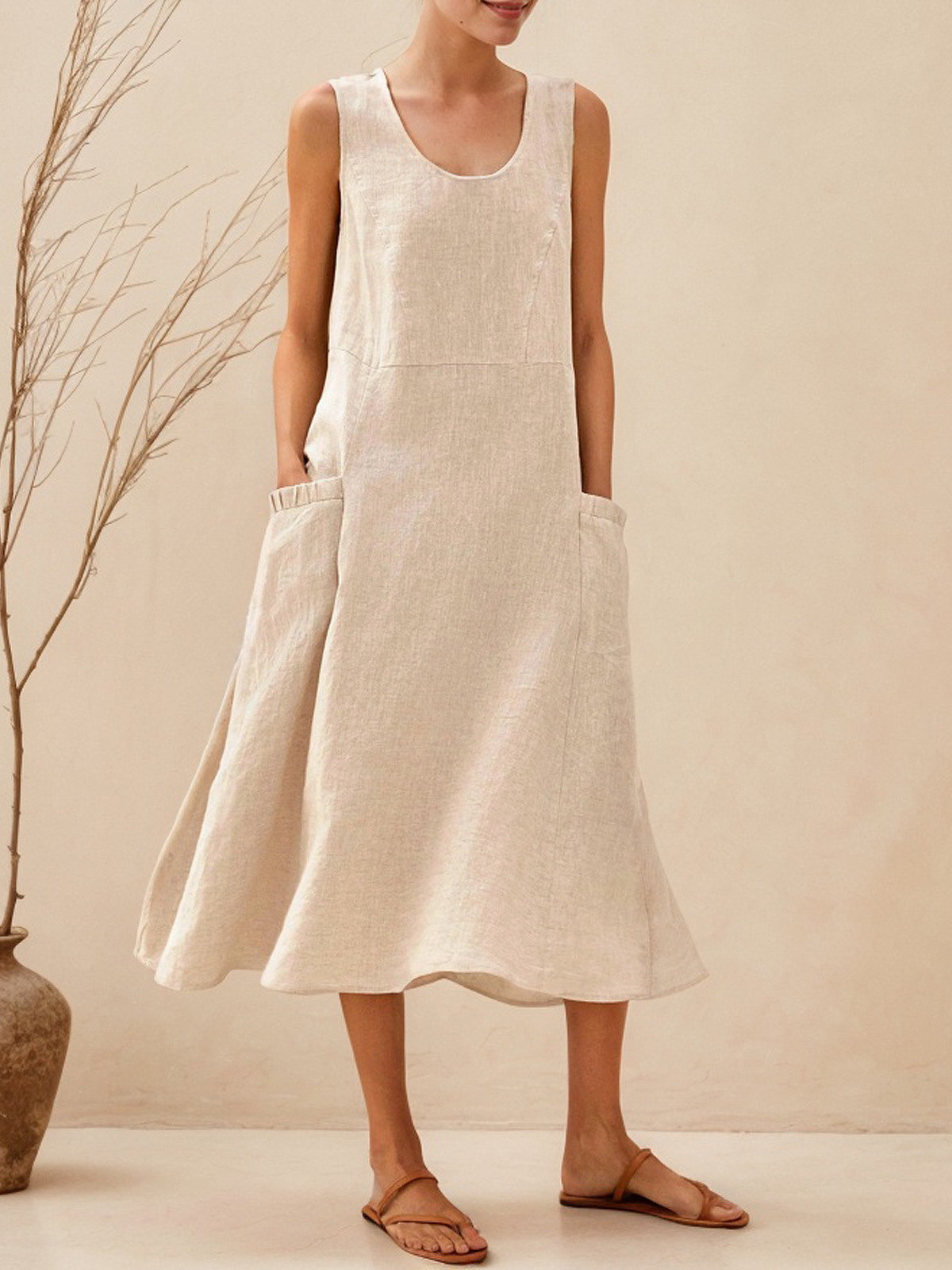 Cotton And Linen Crew Neck Plain Sleeveless Maxi Dress Cotton And Linen Crew Neck Plain Sleeveless Maxi Dress