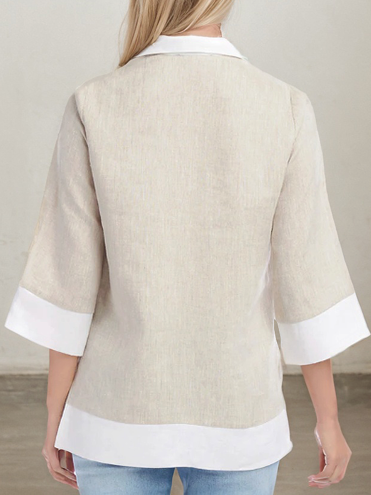 Linen Shirt Collar Color Block Three Quarter Sleeve Blouse Linen Shirt Collar Color Block Three Quarter Sleeve Blouse