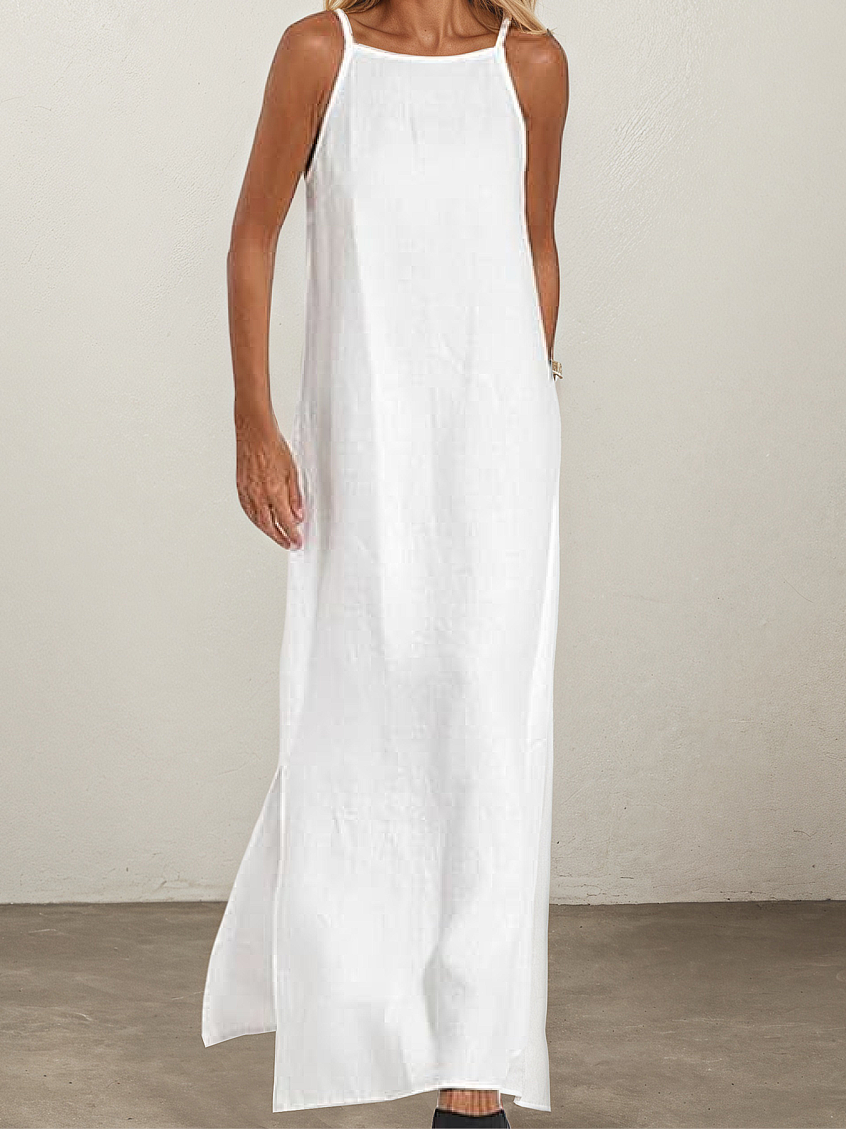 Linen Square Neck Plain Sleeveless Maxi Dress Linen Square Neck Plain Sleeveless Maxi Dress