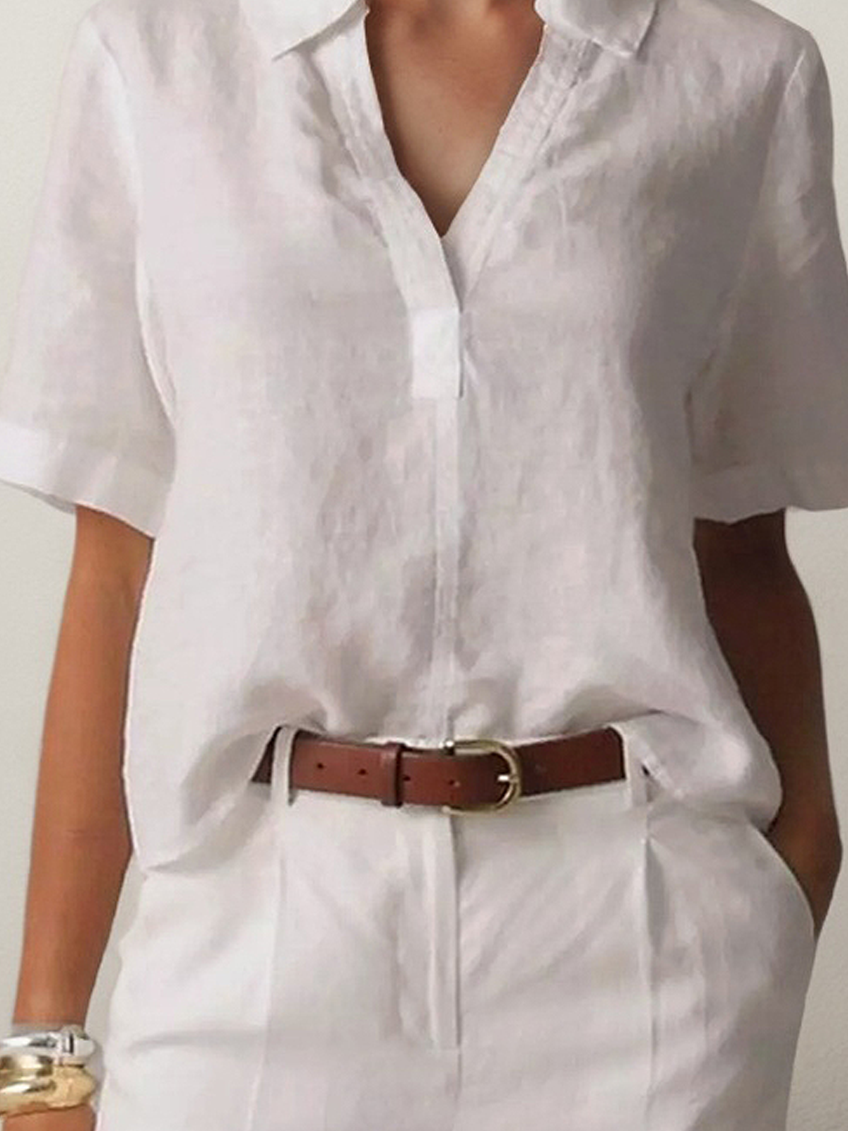Linen Shirt Collar Plain Short Sleeve Blouse Linen Shirt Collar Plain Short Sleeve Blouse