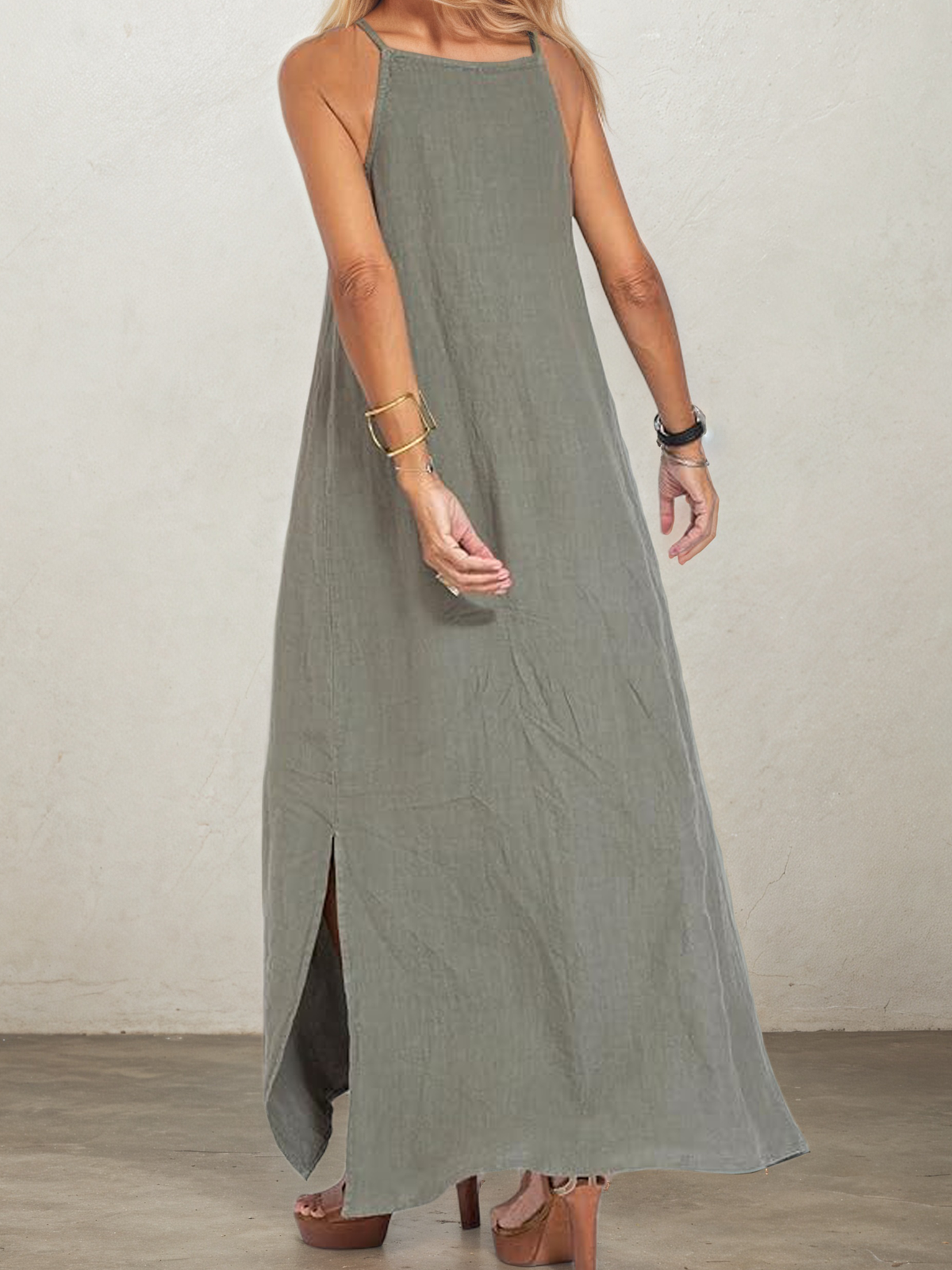 Linen Square Neck Plain Sleeveless Maxi Dress Linen Square Neck Plain Sleeveless Maxi Dress