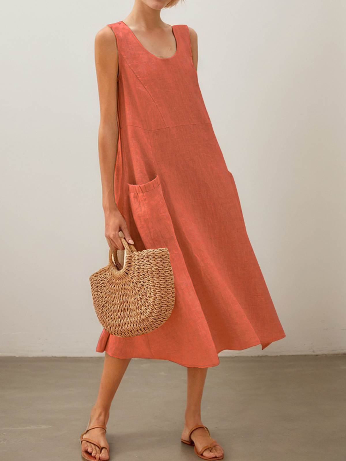 Cotton And Linen Crew Neck Plain Sleeveless Maxi Dress Cotton And Linen Crew Neck Plain Sleeveless Maxi Dress