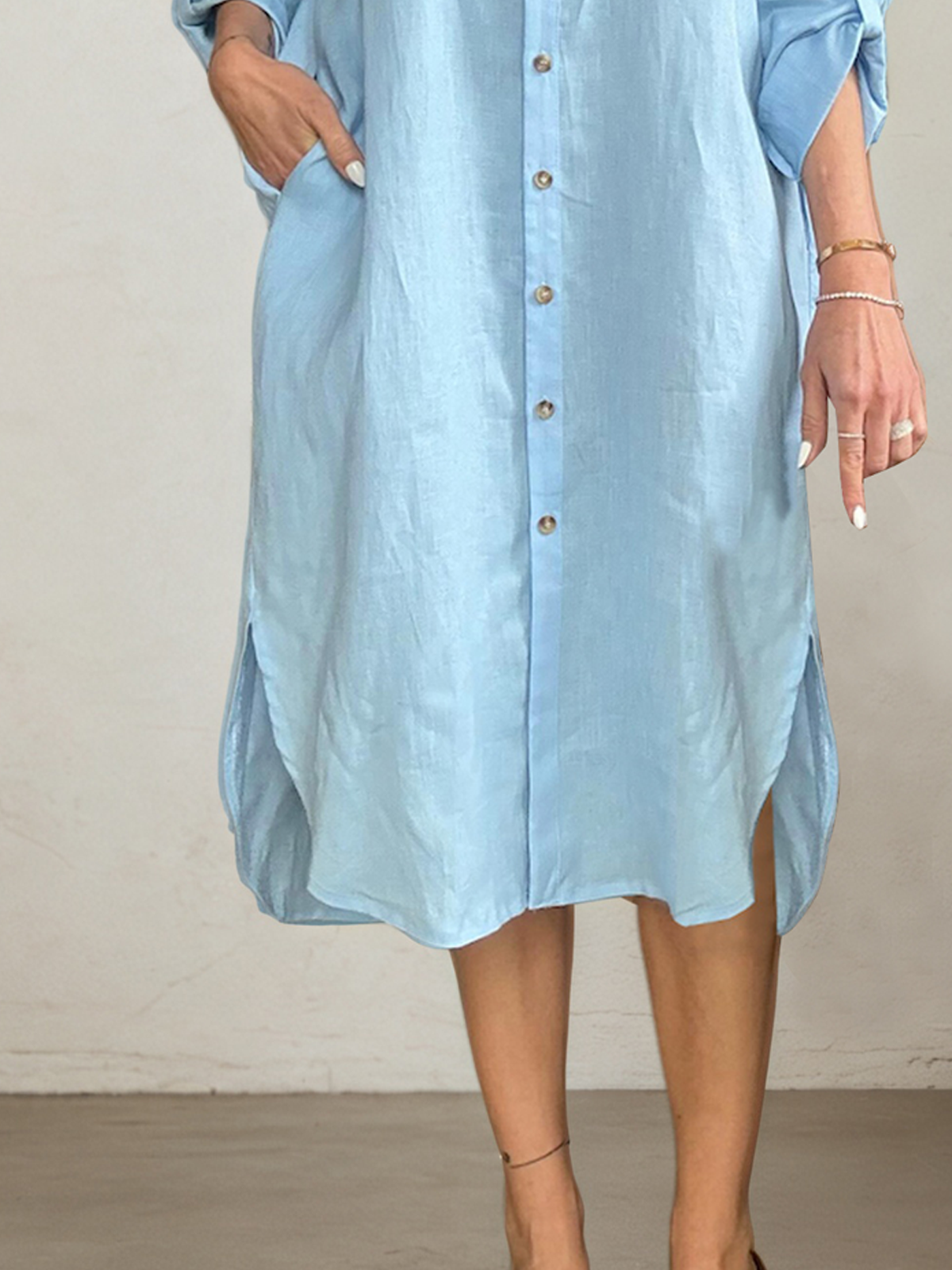 Linen Shirt Collar Plain Long Sleeve Midi Dress Linen Shirt Collar Plain Long Sleeve Midi Dress