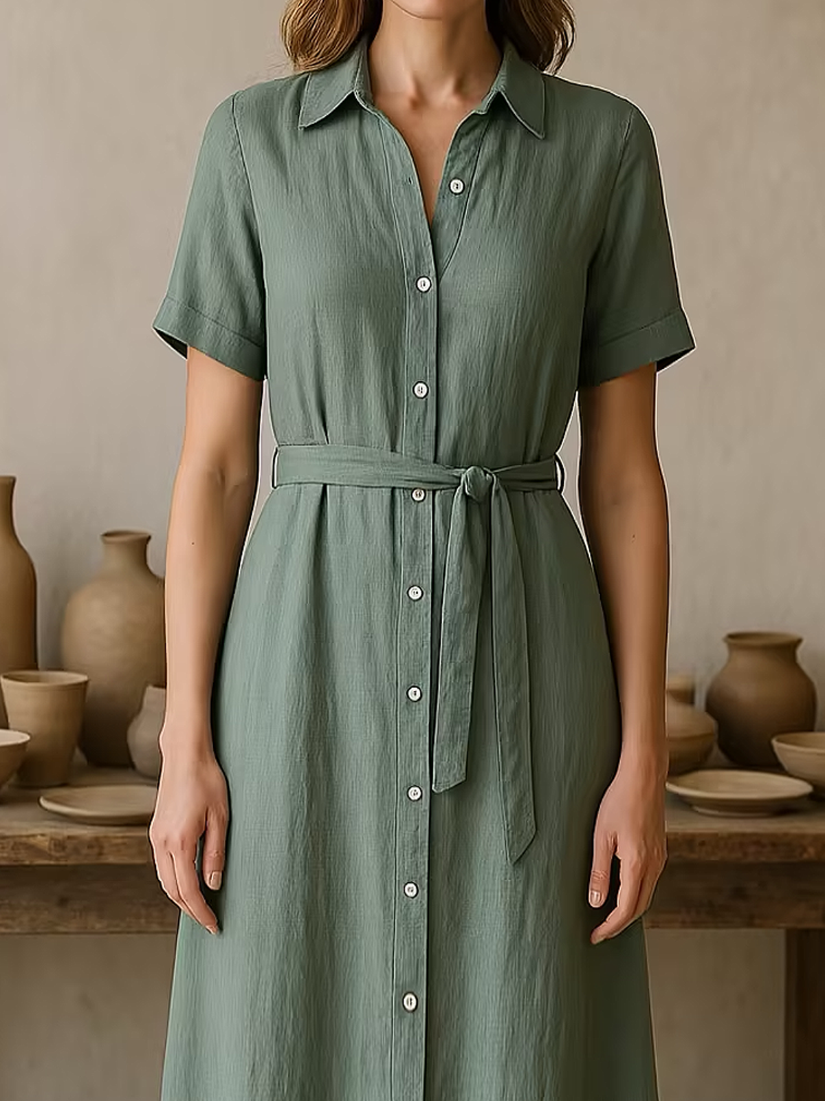 Linen Shirt Collar Plain Short Sleeve Maxi Dress Linen Shirt Collar Plain Short Sleeve Maxi Dress