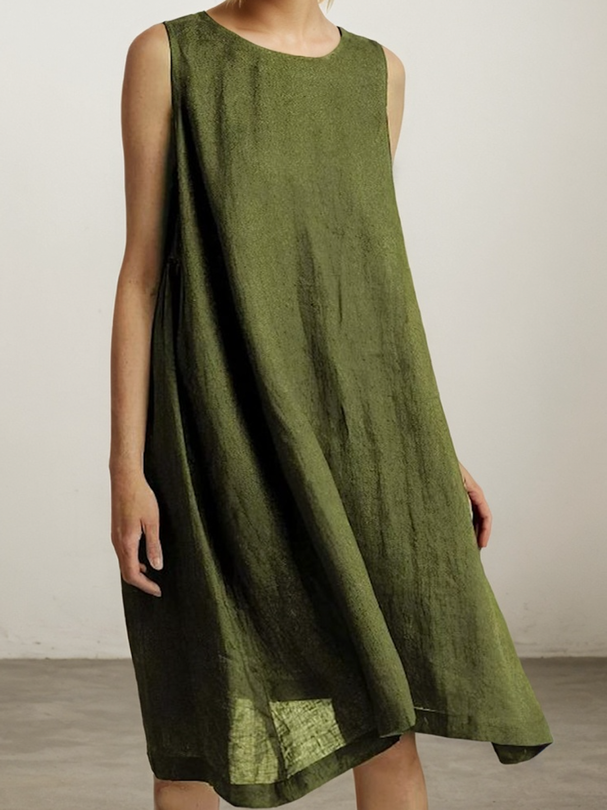 Linen Crew Neck Plain Sleeveless Mini Dress