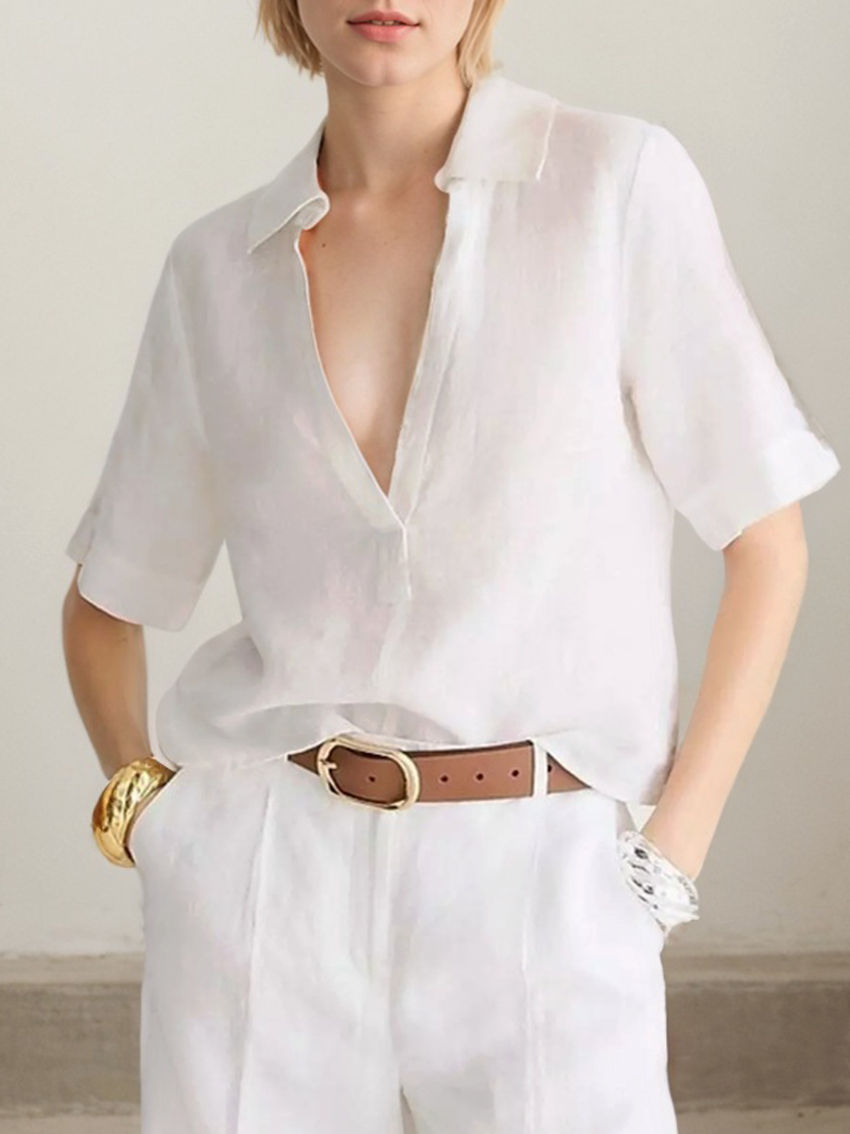 Linen Shirt Collar Plain Short Sleeve Blouse Linen Shirt Collar Plain Short Sleeve Blouse