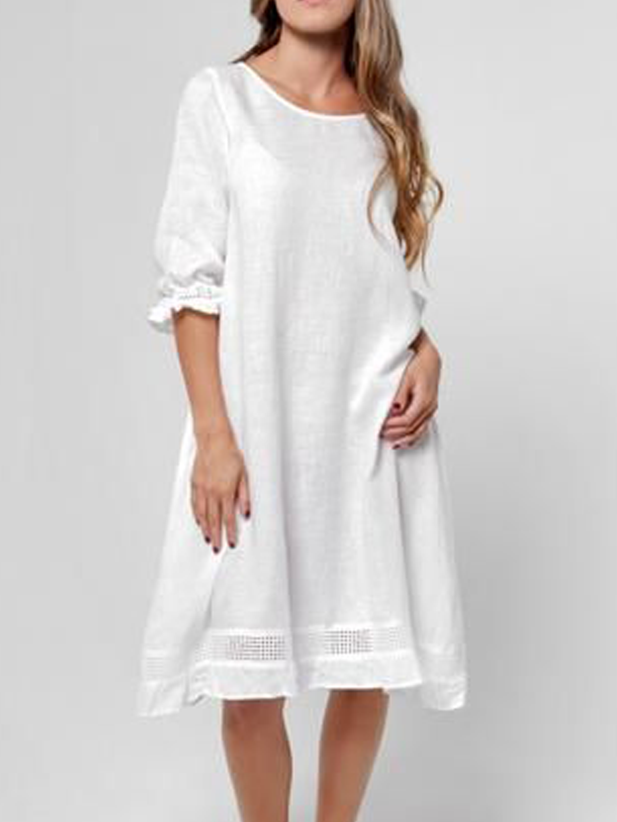 Cotton And Linen Crew Neck Plain Half Sleeve Mini Dress Cotton And Linen Crew Neck Plain Half Sleeve Mini Dress