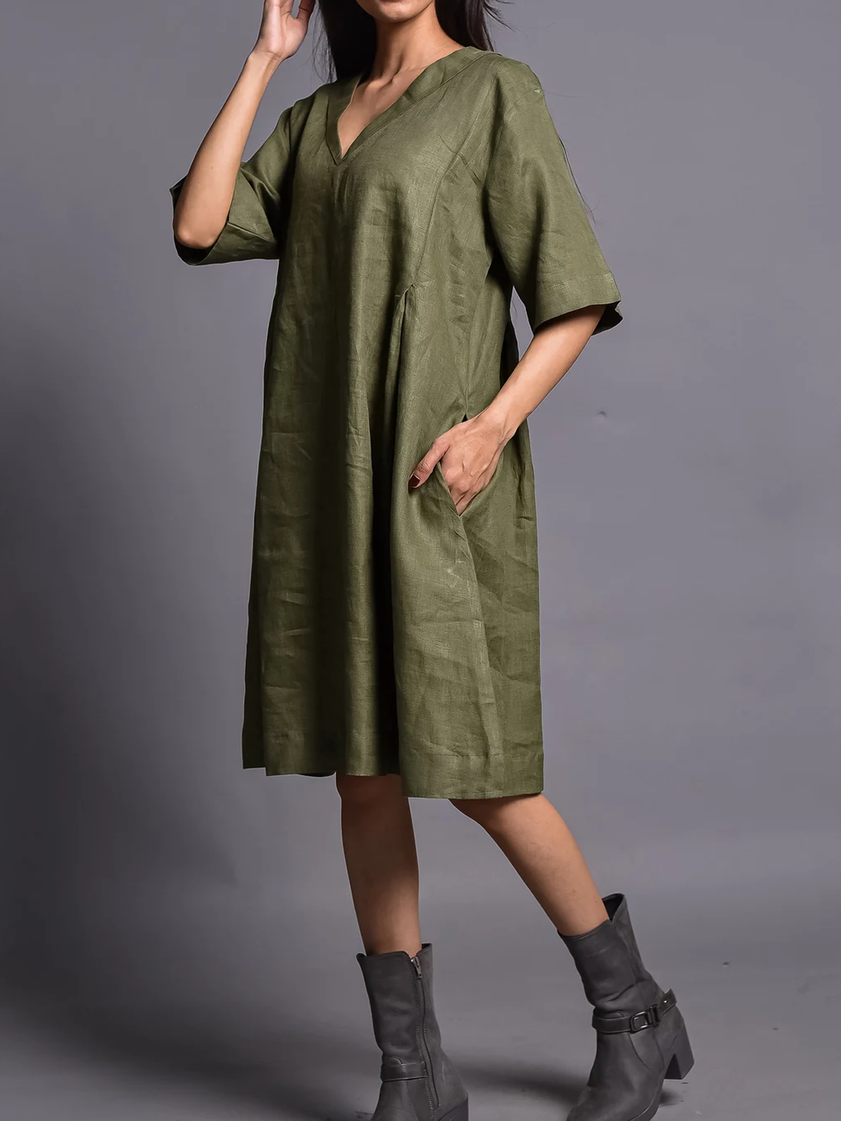 Cotton And Linen V Neck Plain Short Sleeve Mini Dress Cotton And Linen V Neck Plain Short Sleeve Mini Dress