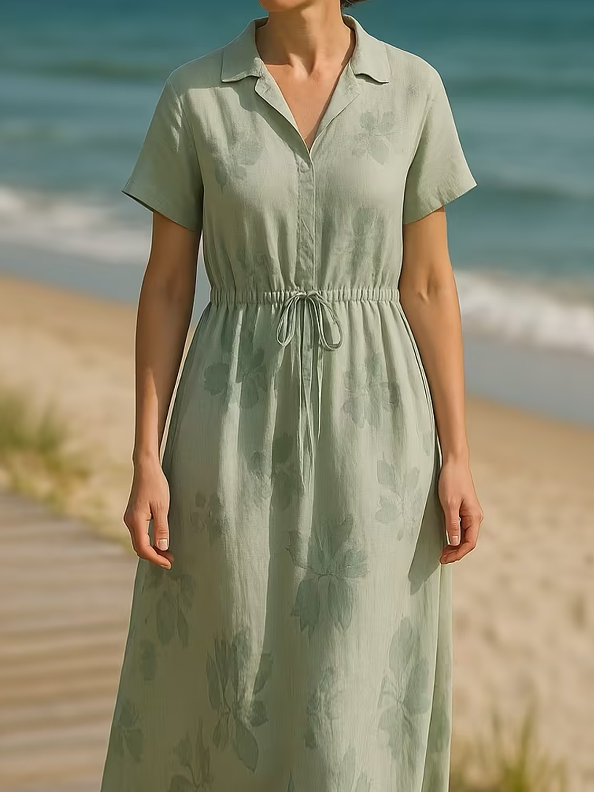 Linen Shirt Collar Floral Short Sleeve Maxi Dress Linen Shirt Collar Floral Short Sleeve Maxi Dress