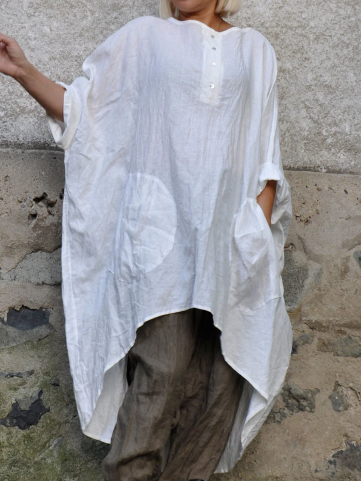 Cotton And Linen Crew Neck Plain Three Quarter Sleeve Blouse Cotton And Linen Crew Neck Plain Three Quarter Sleeve Blouse