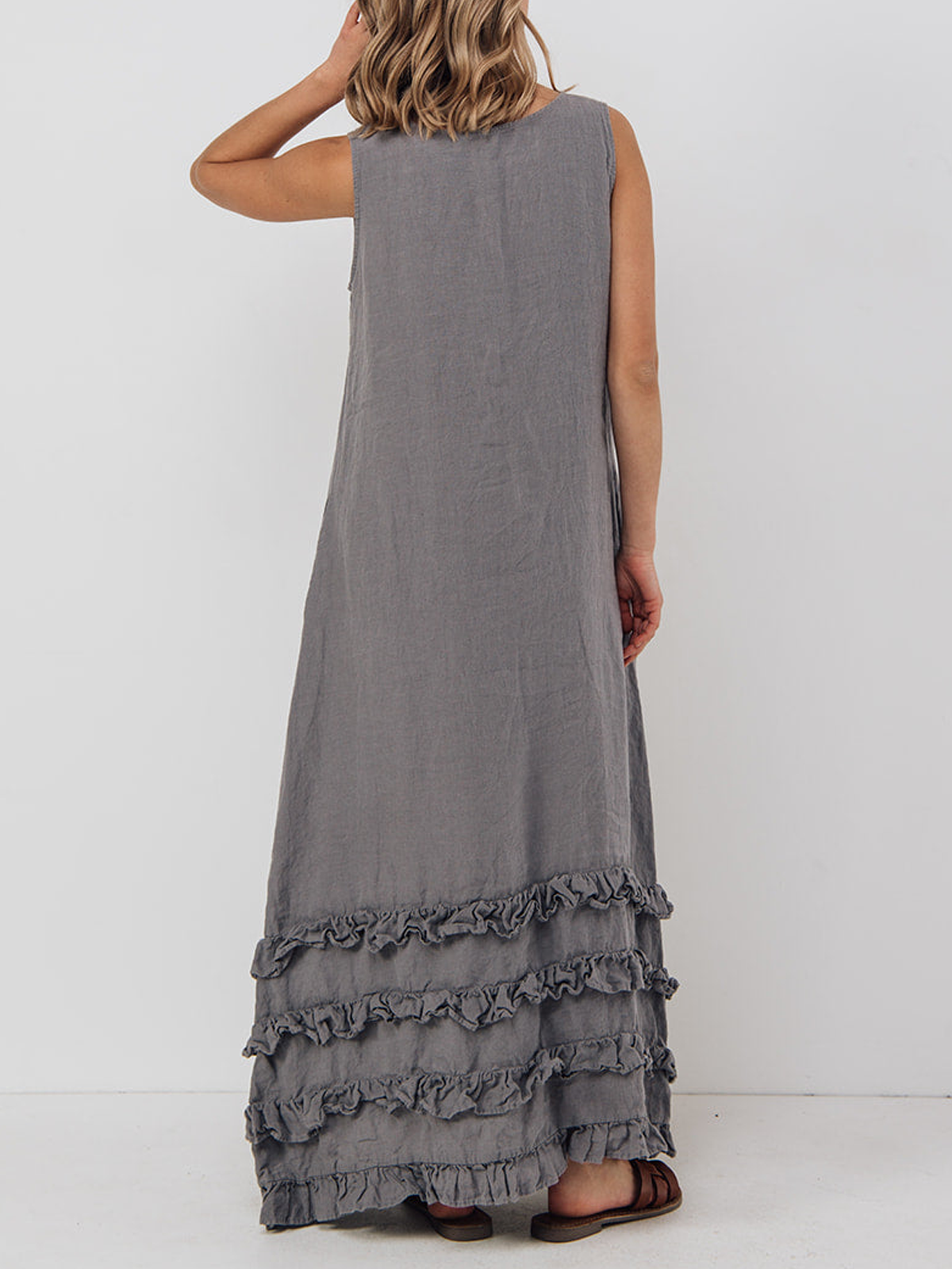 Cotton And Linen Crew Neck Ruffle Design Sleeveless Maxi Dress Cotton And Linen Crew Neck Ruffle Design Sleeveless Maxi Dress