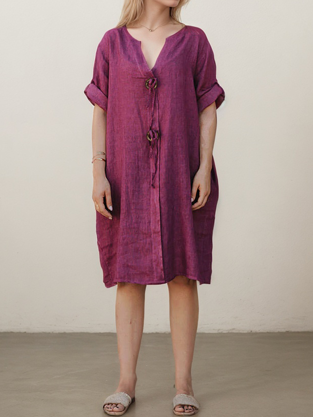 Linen Crew Neck Plain Half Sleeve Mini Dress Linen Crew Neck Plain Half Sleeve Mini Dress