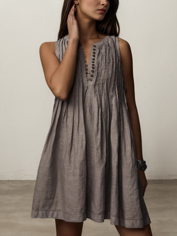 Cotton And Linen Crew Neck Plain Sleeveless Mini Dress Cotton And Linen Crew Neck Plain Sleeveless Mini Dress