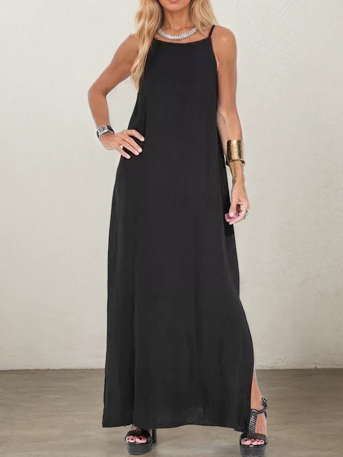 Linen Square Neck Plain Sleeveless Maxi Dress Linen Square Neck Plain Sleeveless Maxi Dress