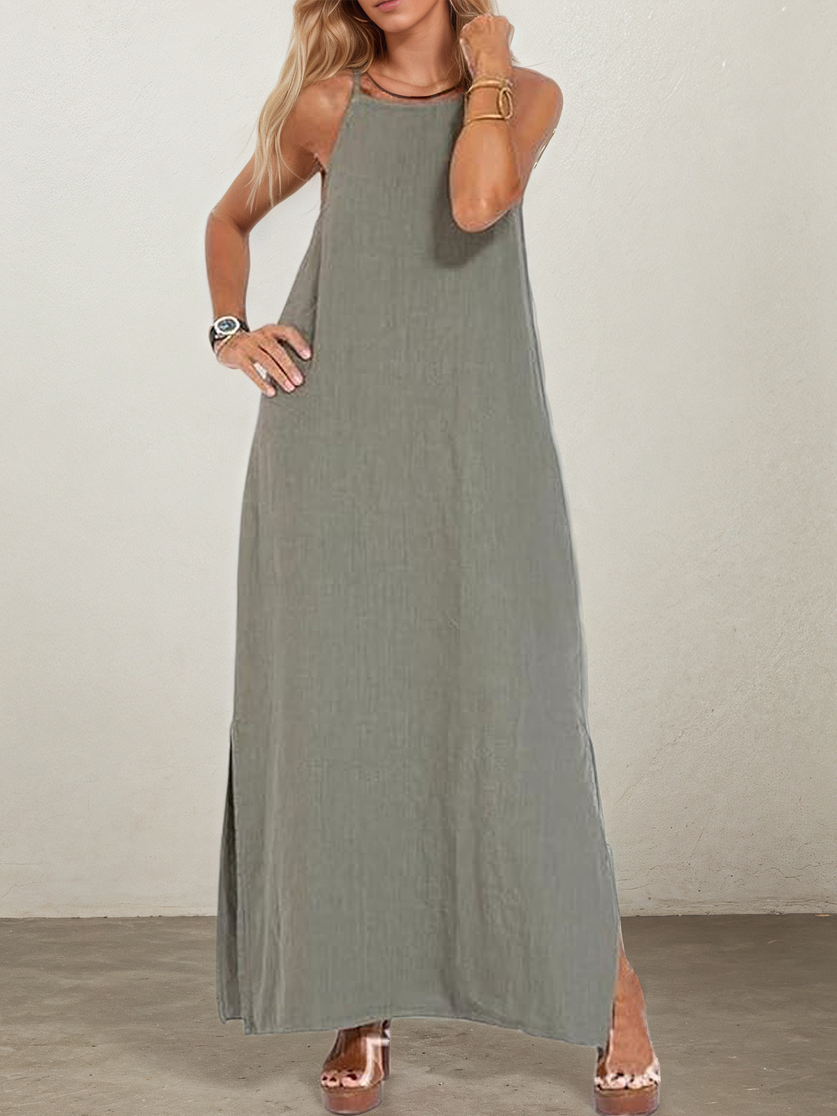 Linen Square Neck Plain Sleeveless Maxi Dress Linen Square Neck Plain Sleeveless Maxi Dress