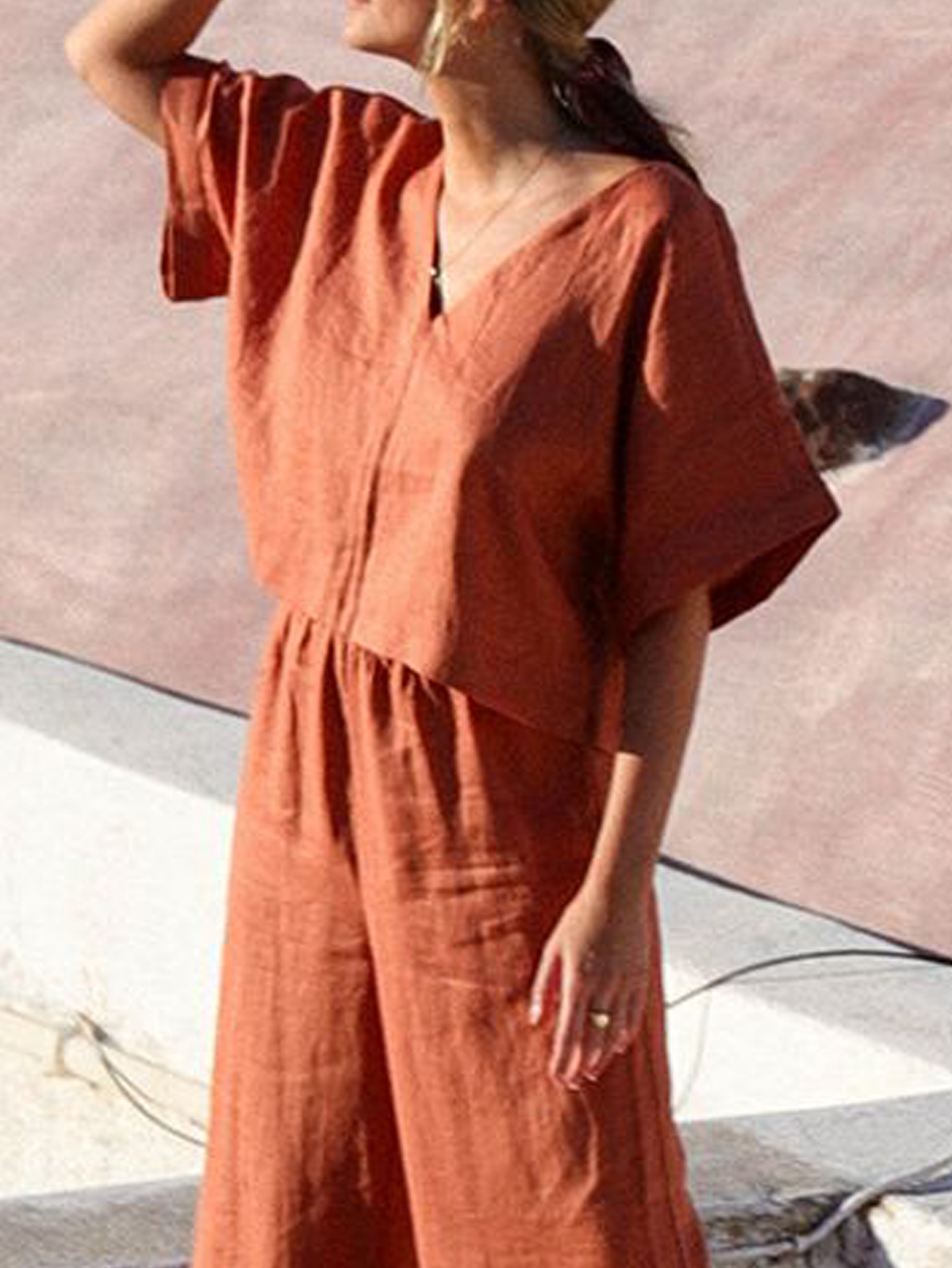 Cotton And Linen Crew Neck Plain Short Sleeve Top With Pants Two-piece Set Cotton And Linen Crew Neck Plain Short Sleeve Top With Pants Two-piece Set