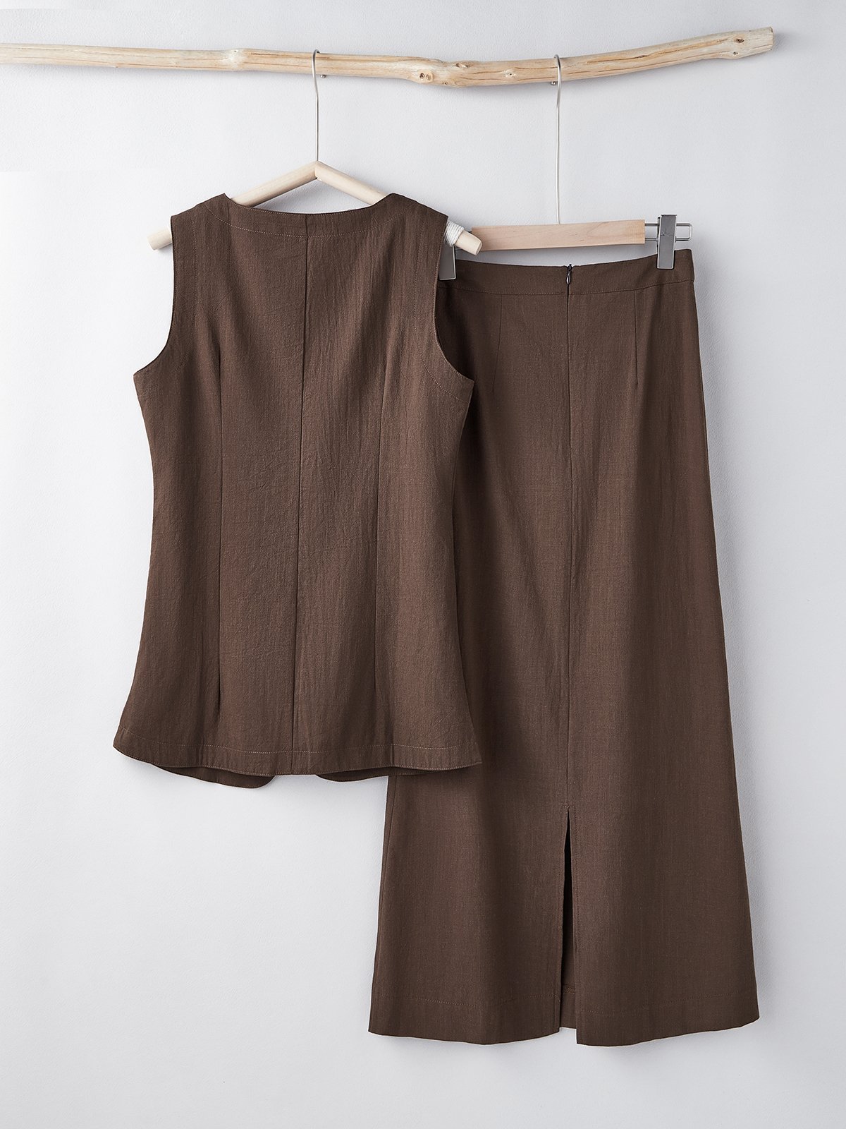 Cotton And Linen Plain Sleeveless Top With Skirt Two-piece Set Cotton And Linen Plain Sleeveless Top With Skirt Two-piece Set