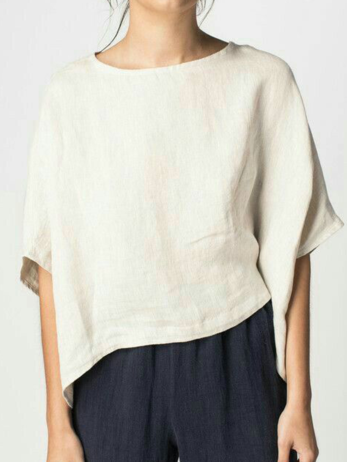 Cotton And Linen Crew Neck Plain Long Sleeve Blouse Cotton And Linen Crew Neck Plain Long Sleeve Blouse