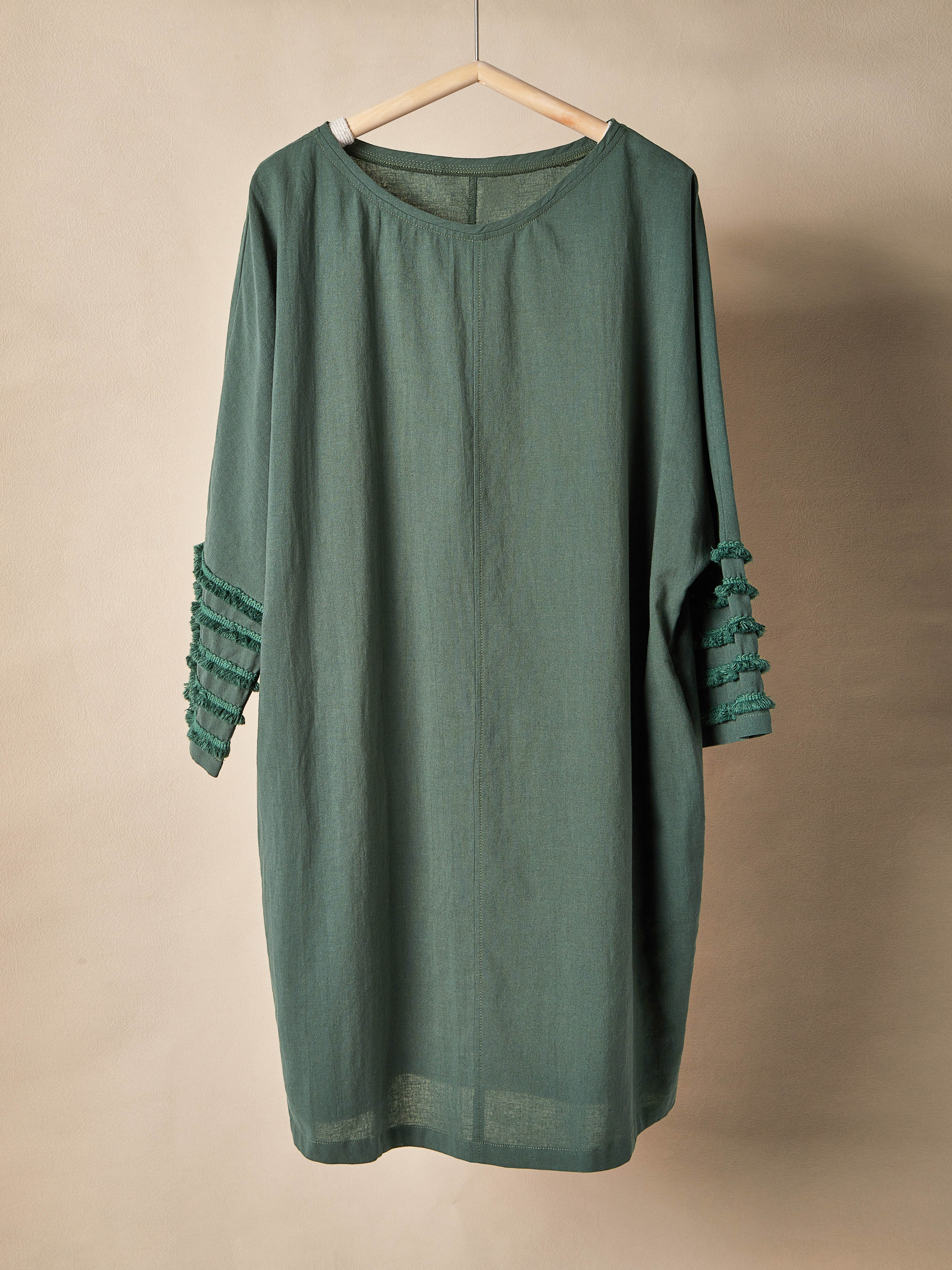 Cotton And Linen Crew Neck Plain Three-quarter Sleeve Dress Cotton And Linen Crew Neck Plain Three-quarter Sleeve Dress