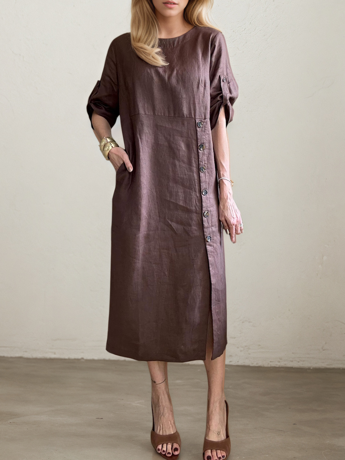 Linen Crew Neck Plain Short Sleeve Midi Dress Linen Crew Neck Plain Short Sleeve Midi Dress