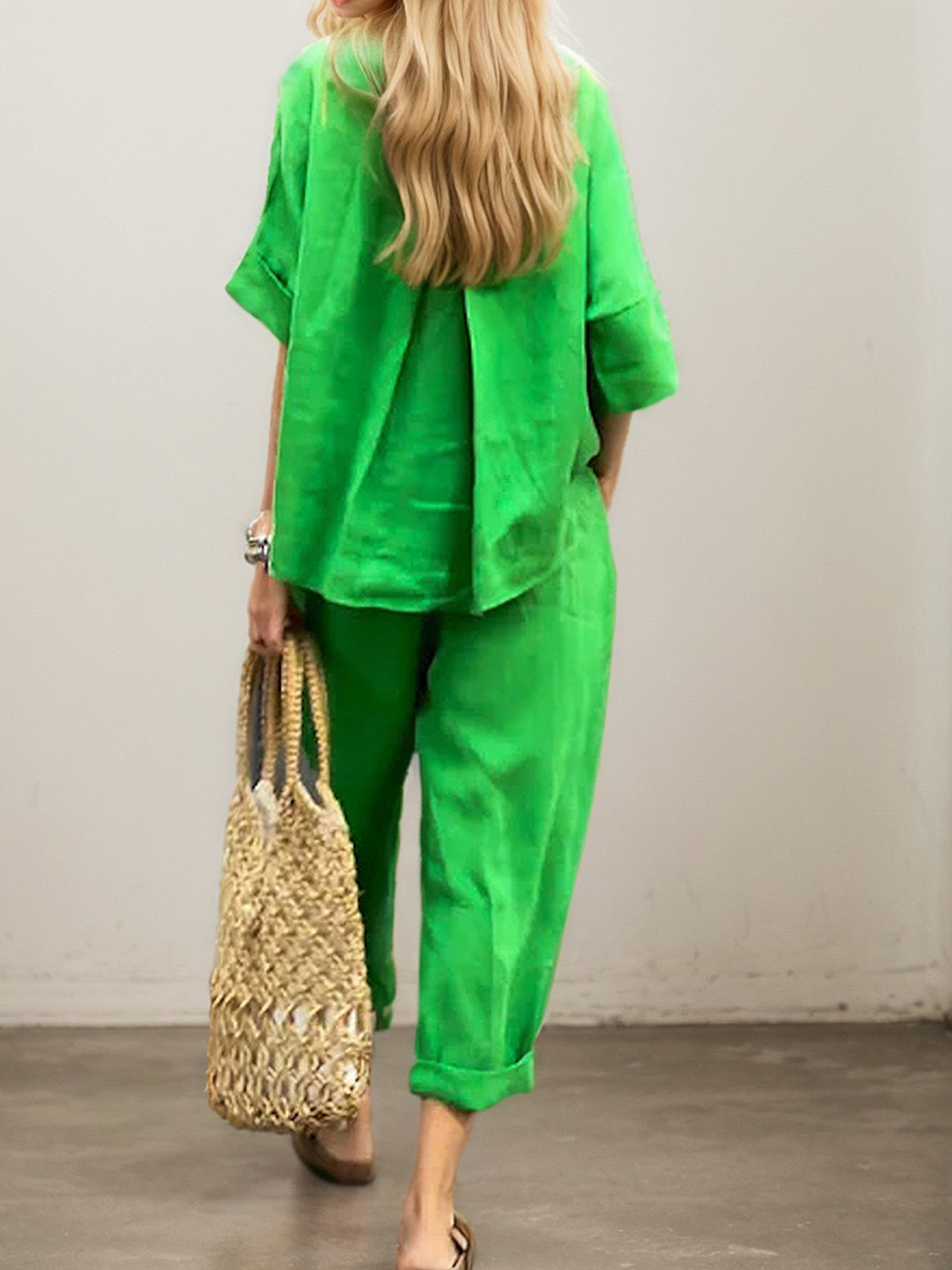 Linen Crew Neck Plain Half Sleeve Top With Pants Two-piece Set Linen Crew Neck Plain Half Sleeve Top With Pants Two-piece Set
