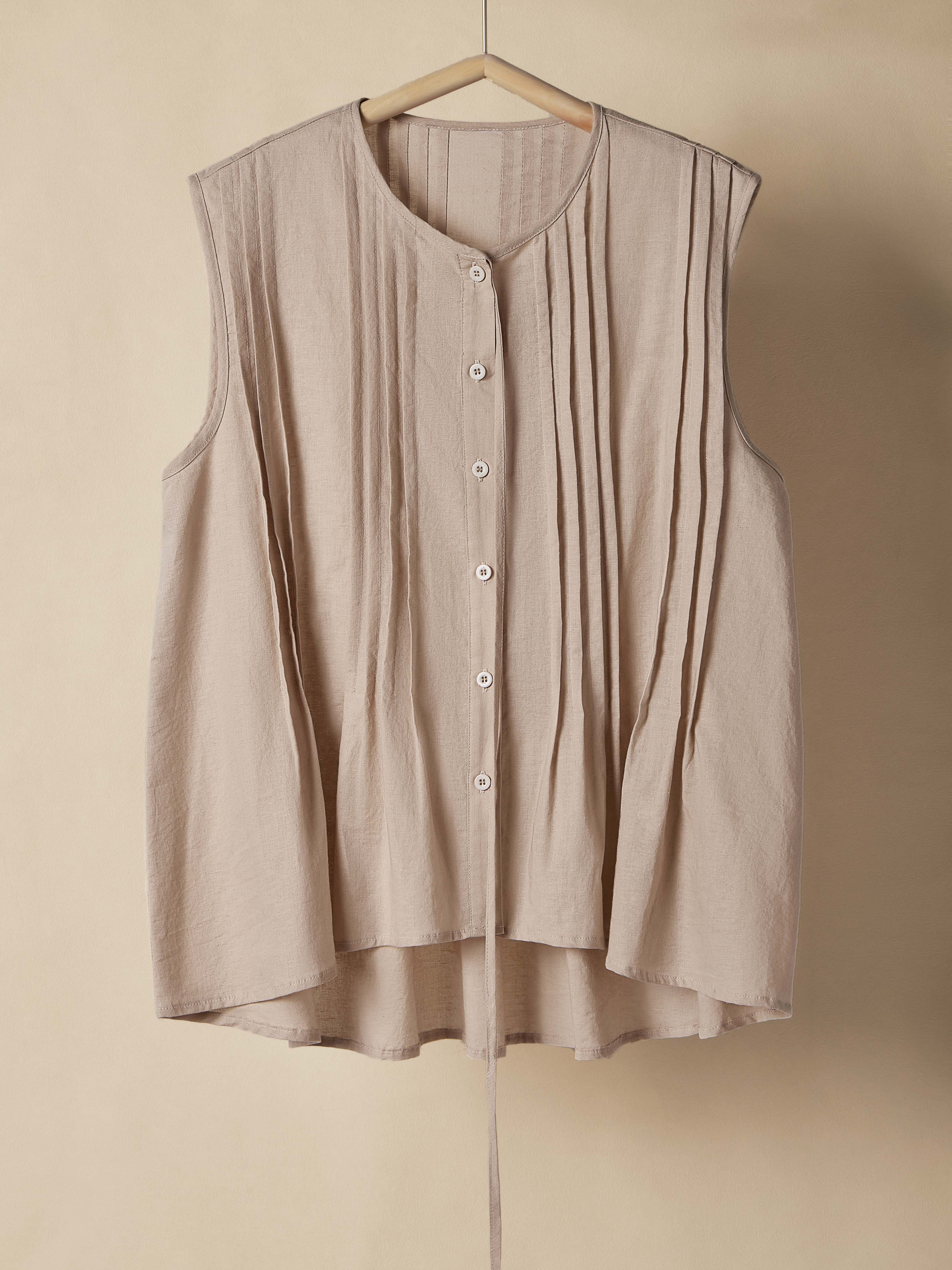 Cotton And Linen Crew Neck Button Design Pleats Sleeveless Tank Top Cotton And Linen Crew Neck Button Design Pleats Sleeveless Tank Top