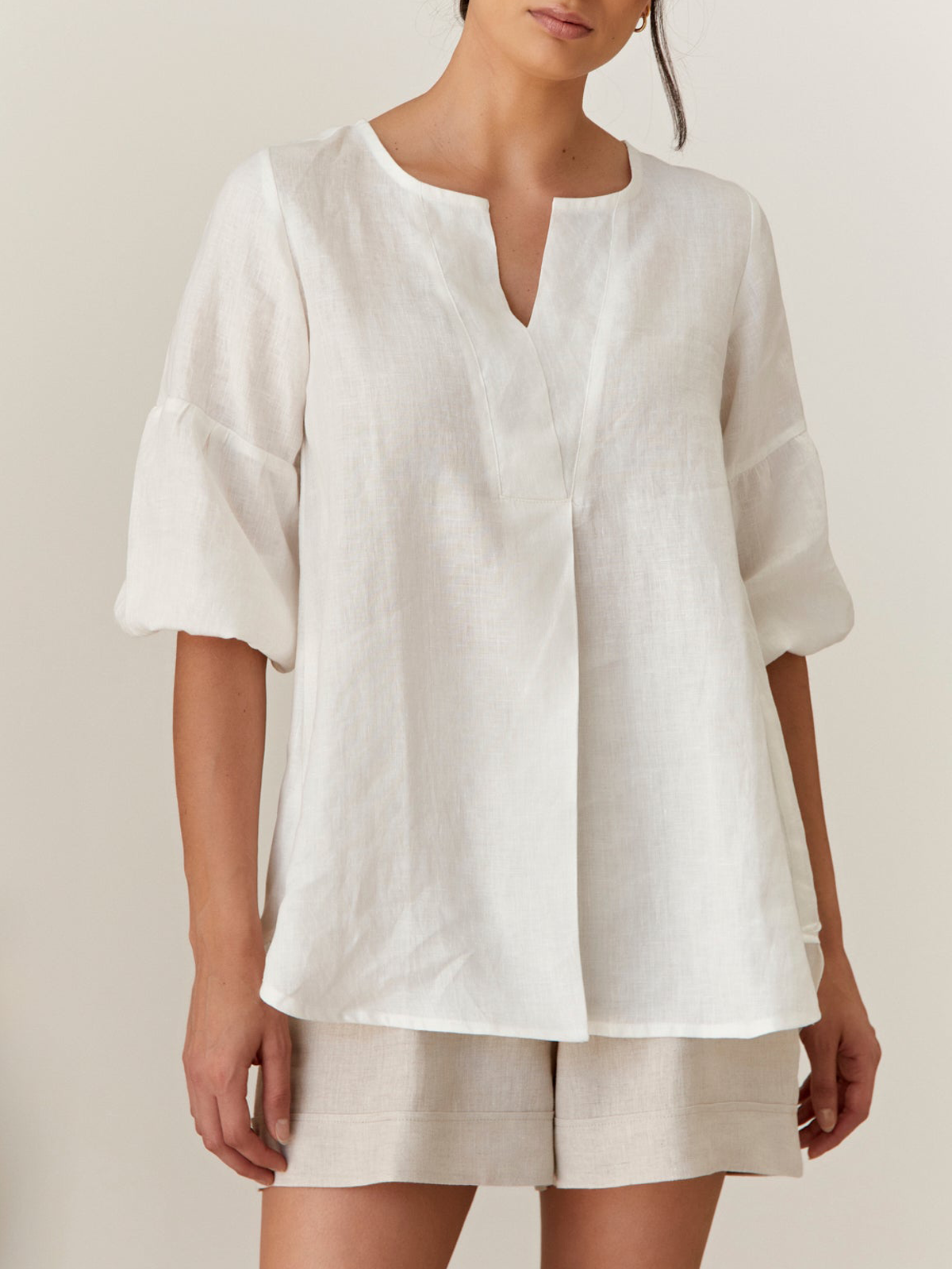 Cotton And Linen Notched Plain Half Sleeve Blouse Cotton And Linen Notched Plain Half Sleeve Blouse