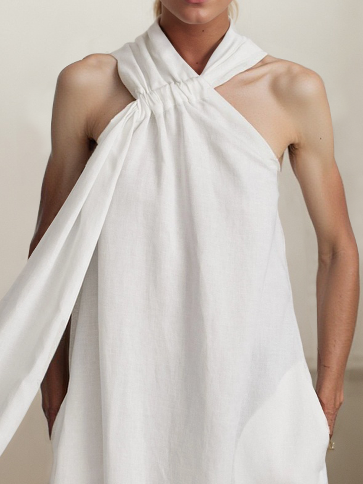 Linen Halter Plain Sleeveless Midi Dress Linen Halter Plain Sleeveless Midi Dress