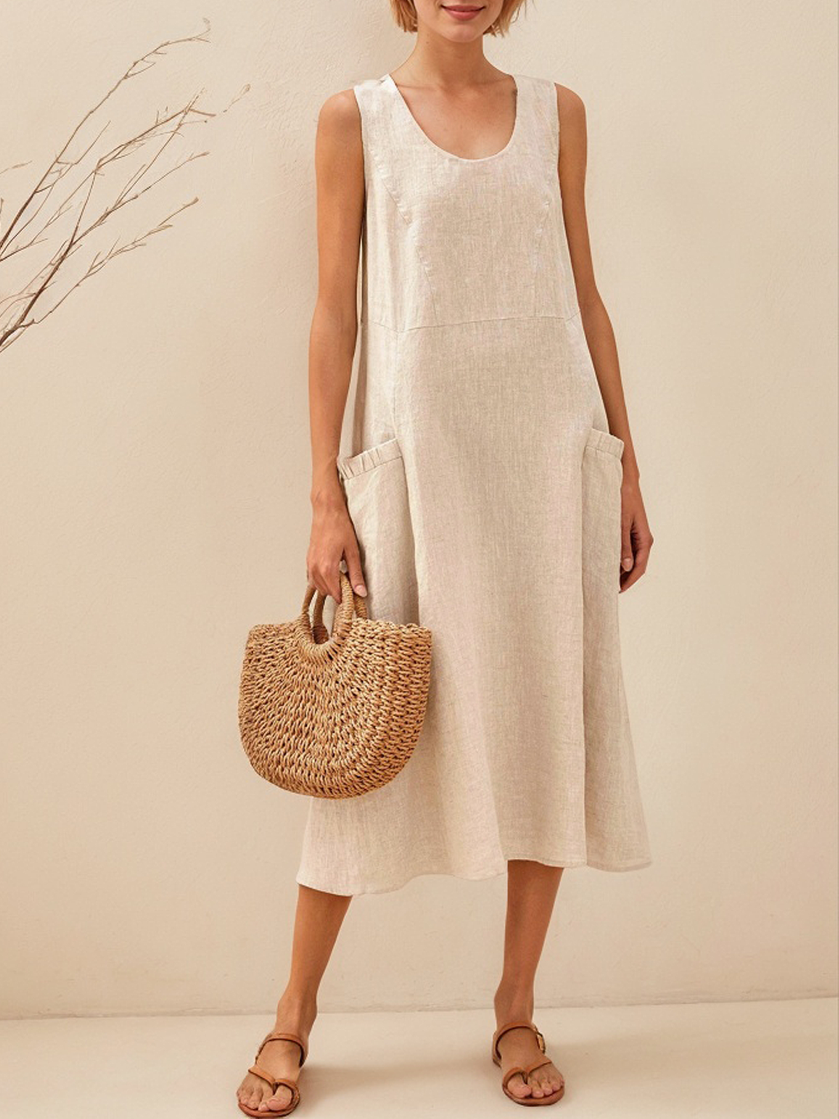 Cotton And Linen Crew Neck Plain Sleeveless Maxi Dress Cotton And Linen Crew Neck Plain Sleeveless Maxi Dress