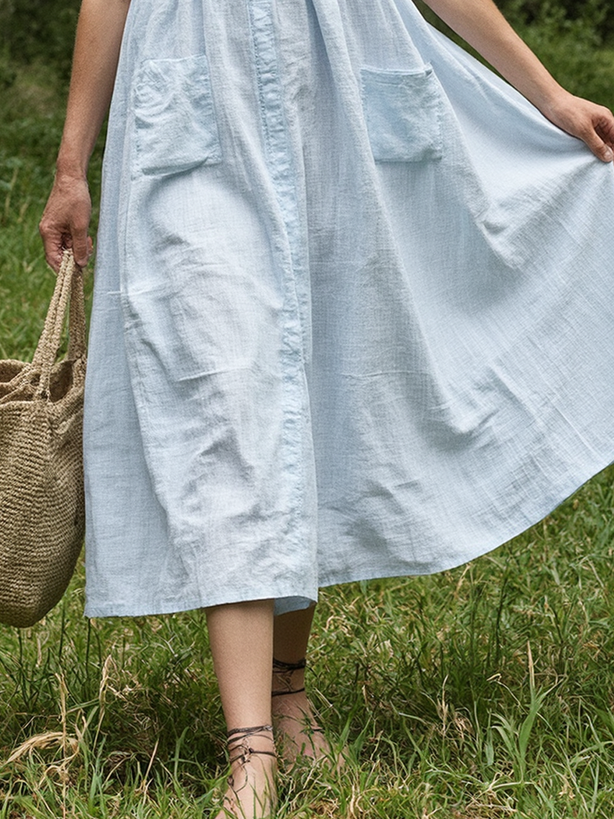 Linen Stand Collar Plain Sleeveless Midi Dress Linen Stand Collar Plain Sleeveless Midi Dress
