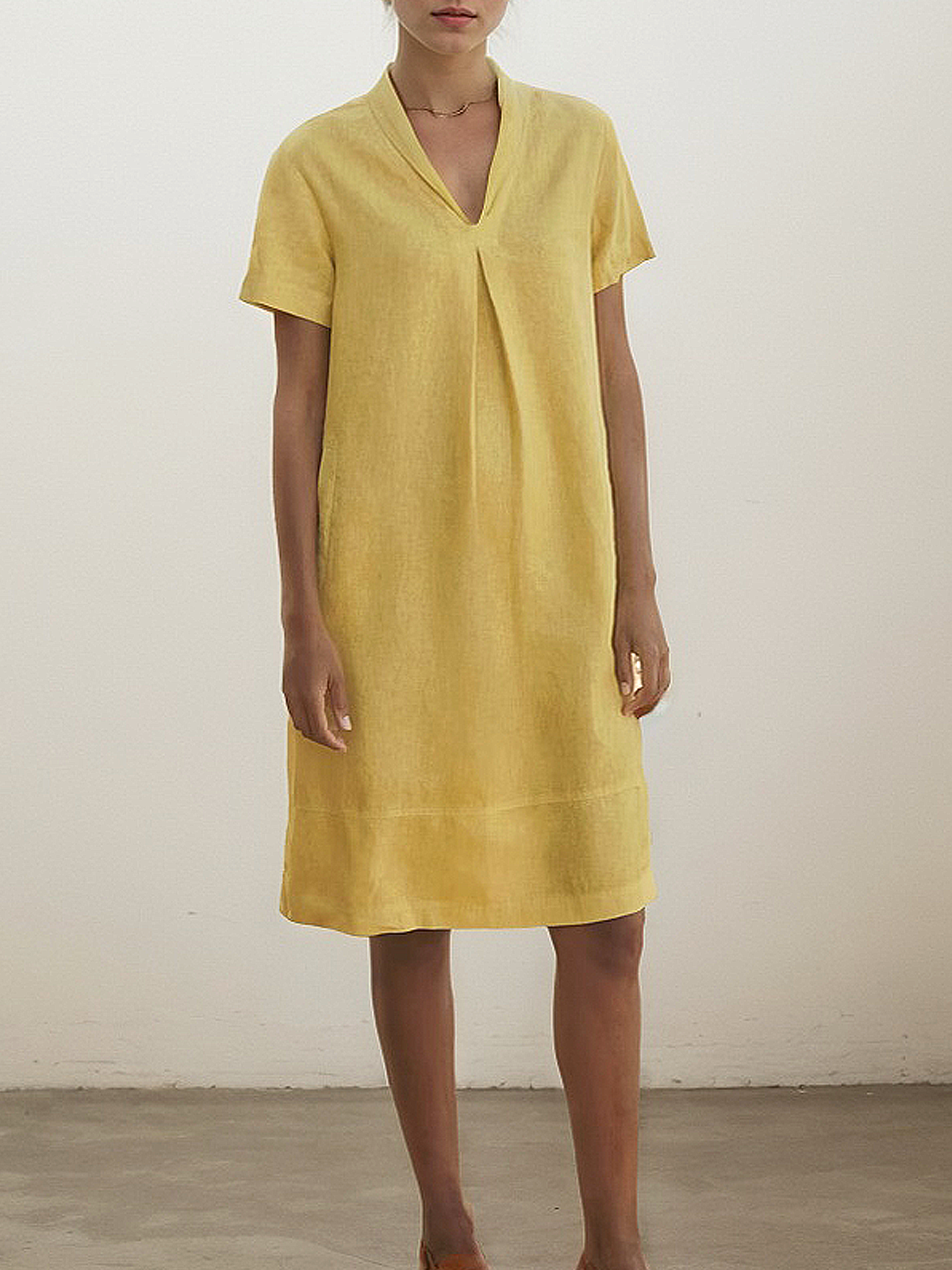 Linen Shawl Collar Plain Short Sleeve Mini Dress Linen Shawl Collar Plain Short Sleeve Mini Dress