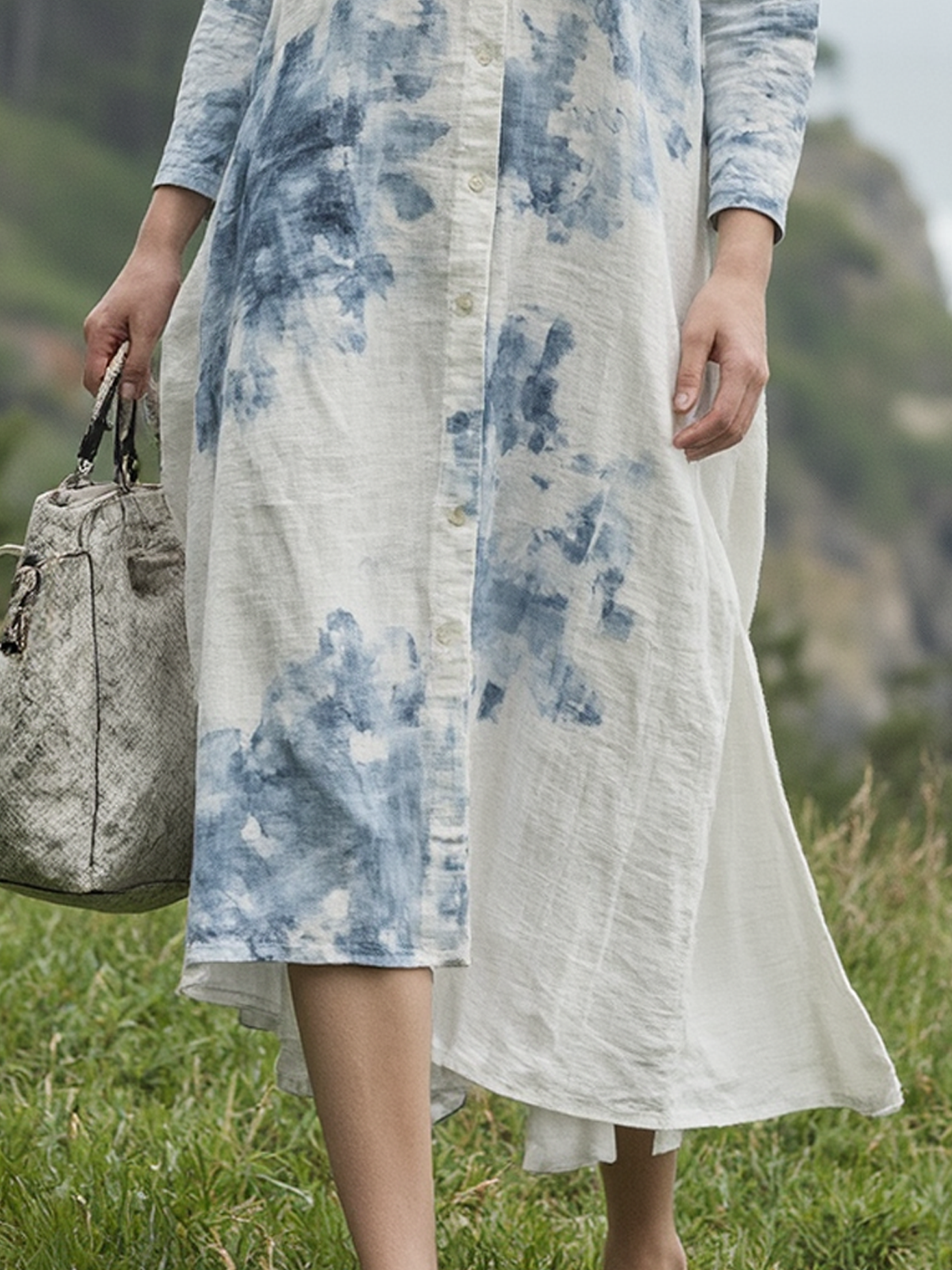 Linen Stand Collar Floral Three Quarter Sleeve Midi Dress Linen Stand Collar Floral Three Quarter Sleeve Midi Dress