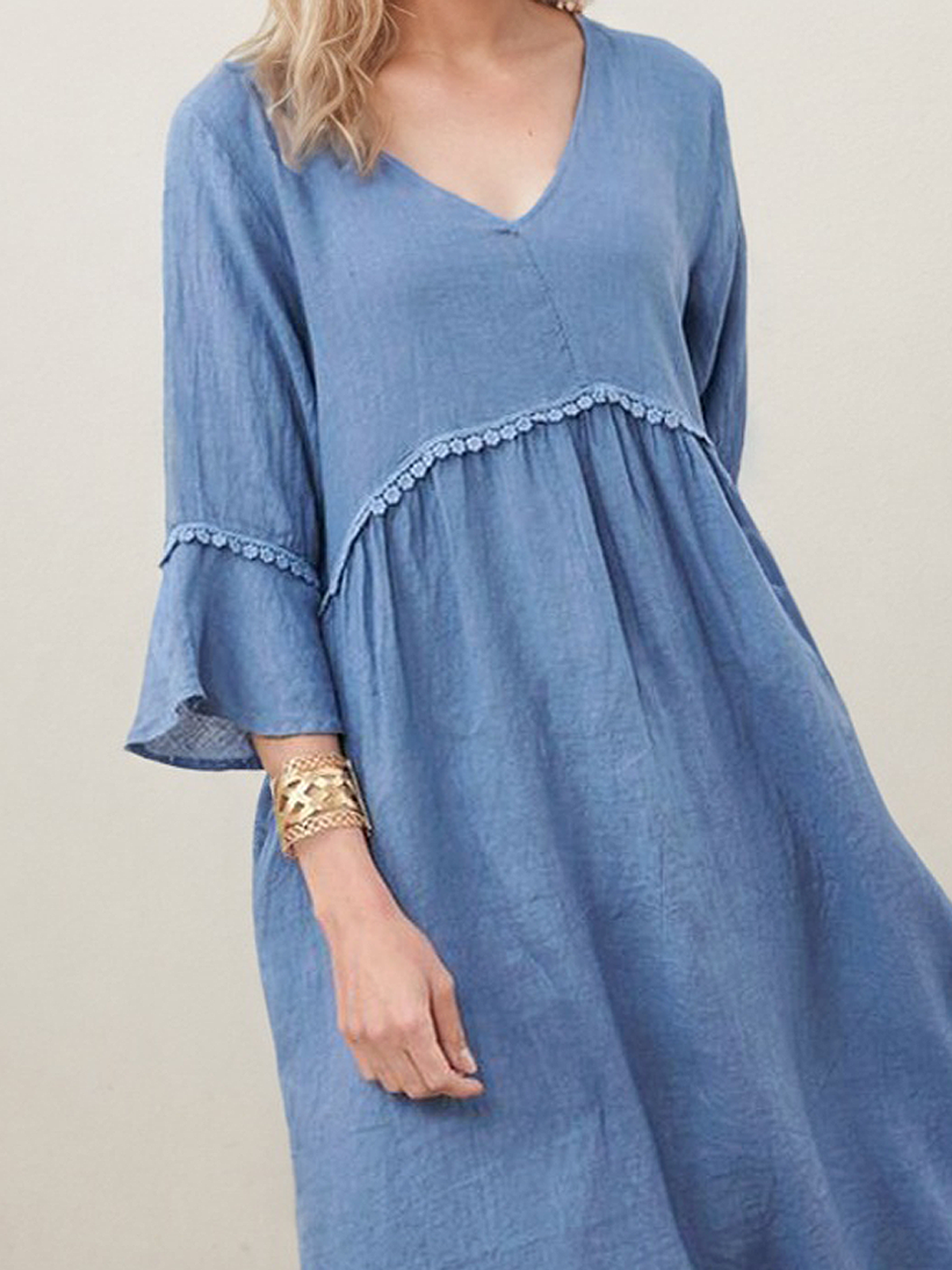 Linen V Neck Plain Short Sleeve Midi Dress Linen V Neck Plain Short Sleeve Midi Dress